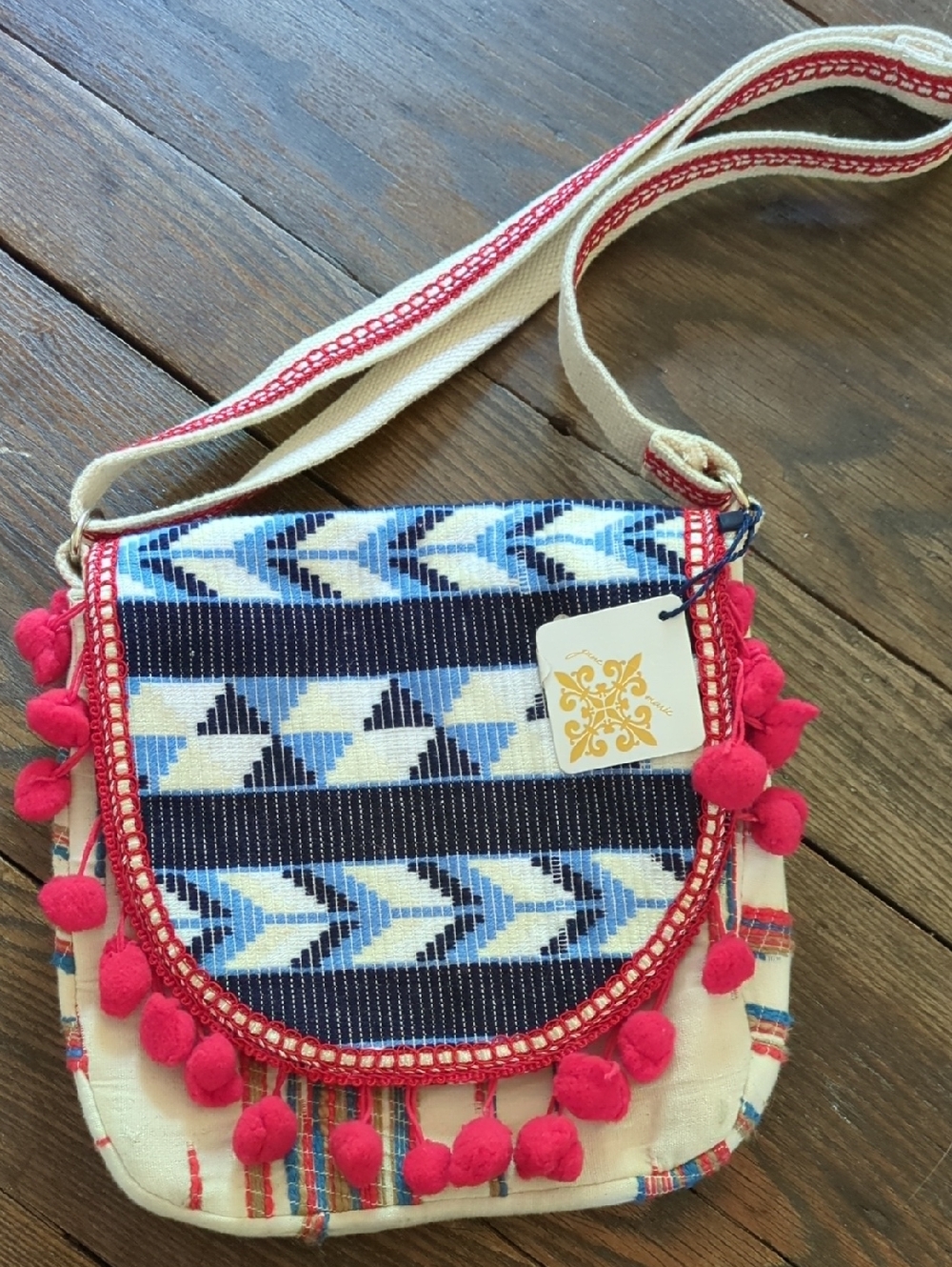 Handwoven Blue Pattern Crossbody with Pink Pom Trim